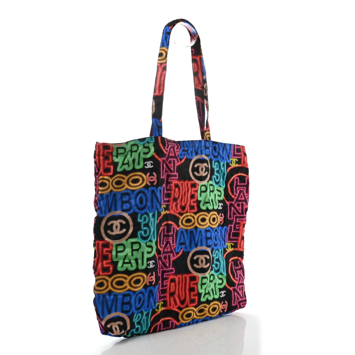 Caviar Fabric Graffiti Foldable Tote Bag With Chain Black Multicolor