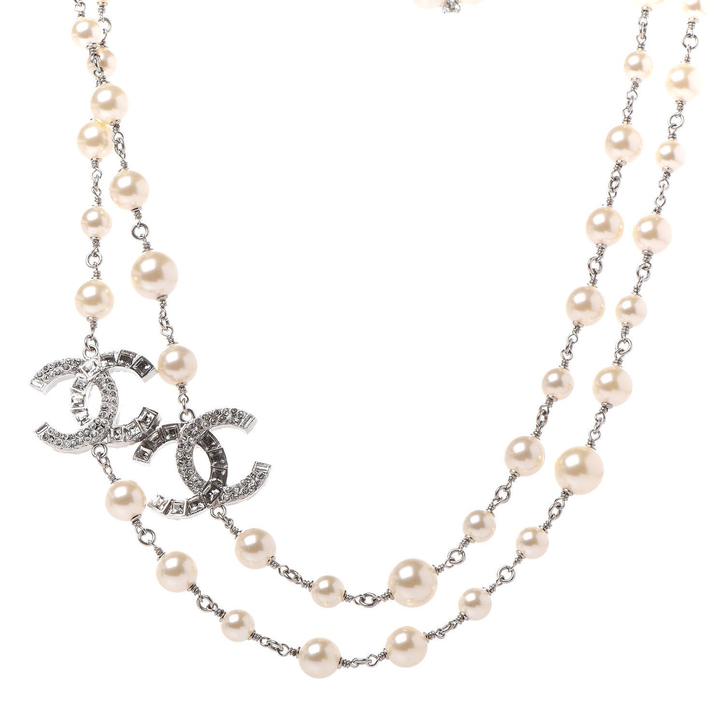 Pearl Baguette Crystal CC Long Necklace Silver