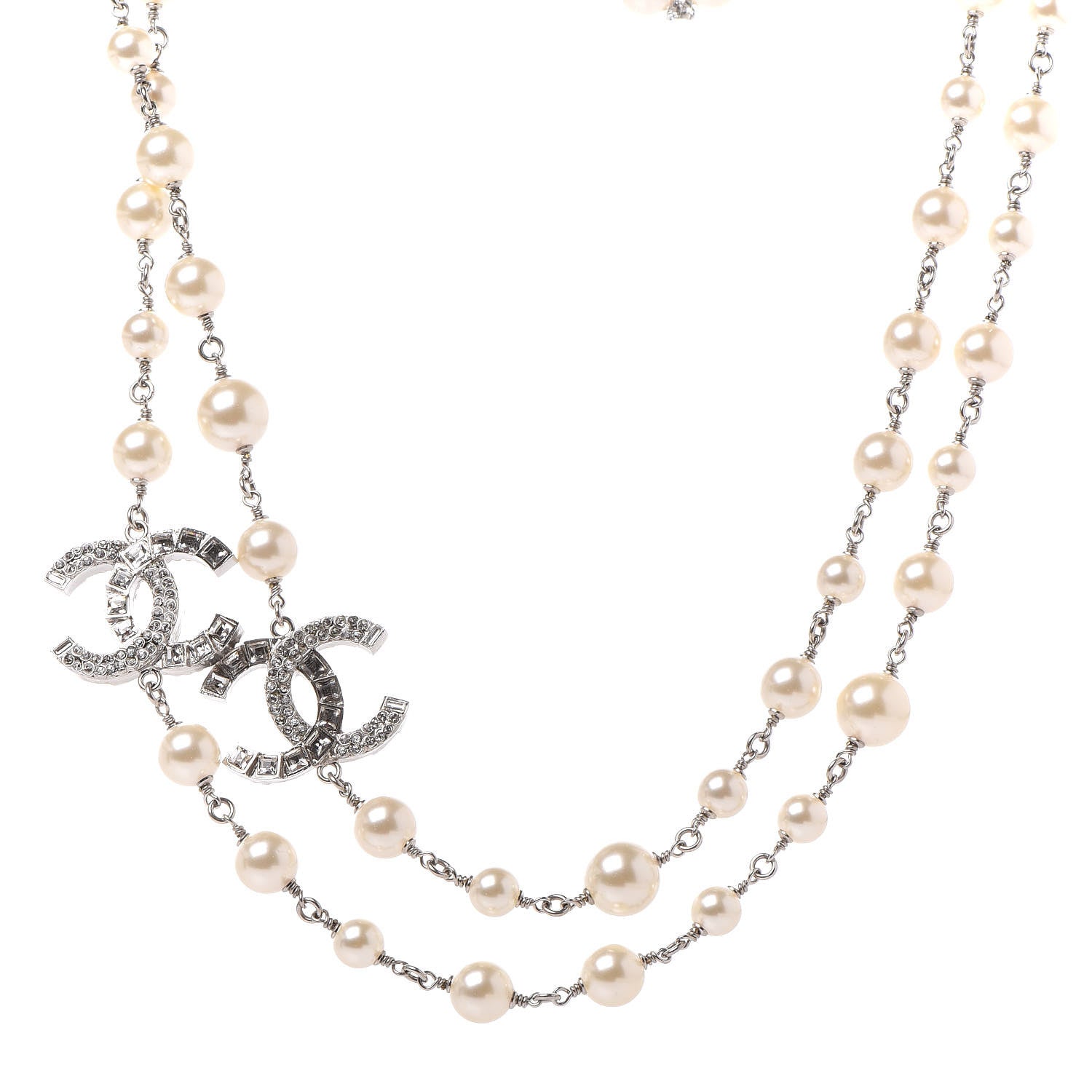 Chanel Pearl Baguette Crystal CC Long Necklace Silver 1 of 6