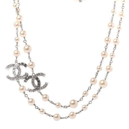 Chanel Pearl Baguette Crystal CC Long Necklace Silver 1 of 6