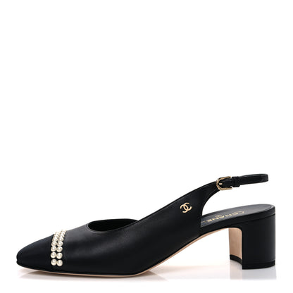 Chanel Lambskin Grosgrain Pearl Cap Toe CC Slingback Pumps 40.5 Black 1 of 12