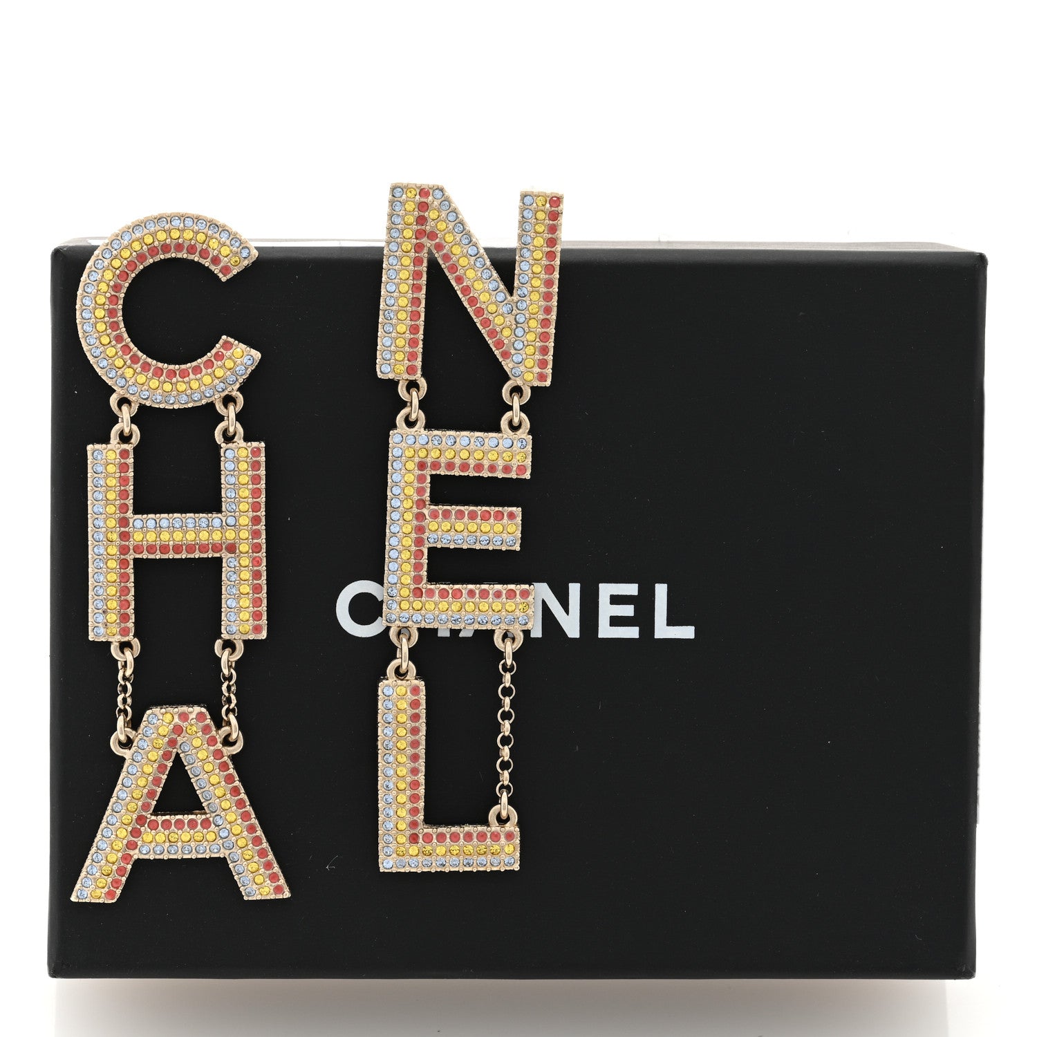 Chanel Metal Crystal Rainbow Cha-Nel Logo Drop Earrings Multicolor Gold 5 of 5