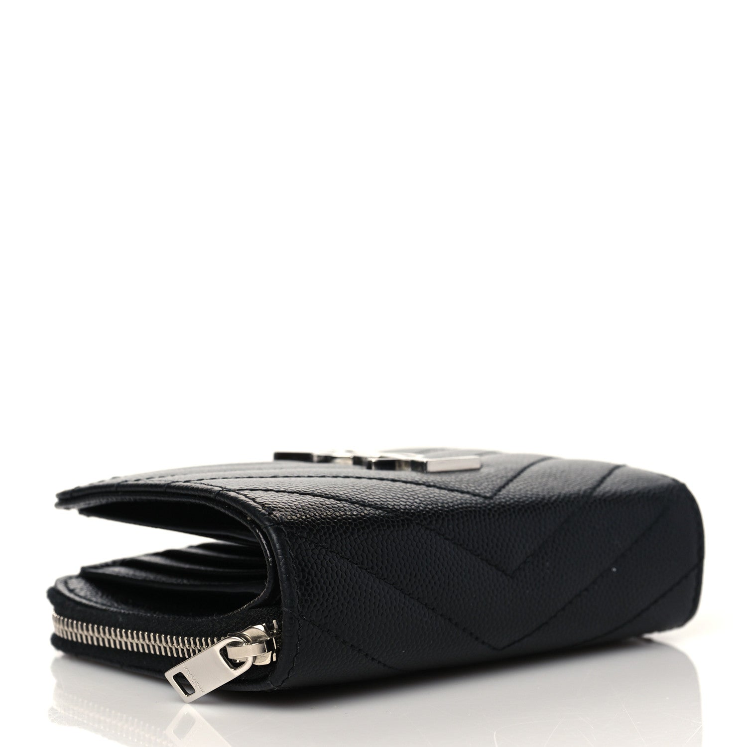 Saint Laurent Grain De Poudre Matelasse Chevron Monogram Compact Zip Around Wallet Black 4 of 9