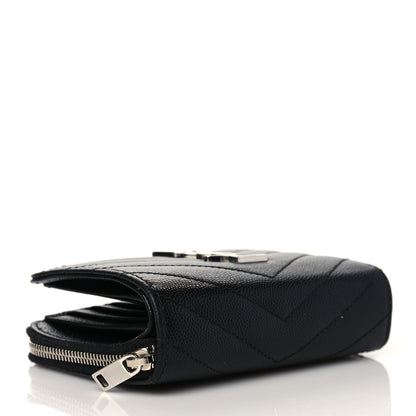 Saint Laurent Grain De Poudre Matelasse Chevron Monogram Compact Zip Around Wallet Black 4 of 9