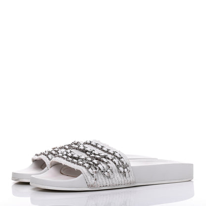 Chanel Tweed Lambskin Chain Flat Sandals 38 White 3 of 12