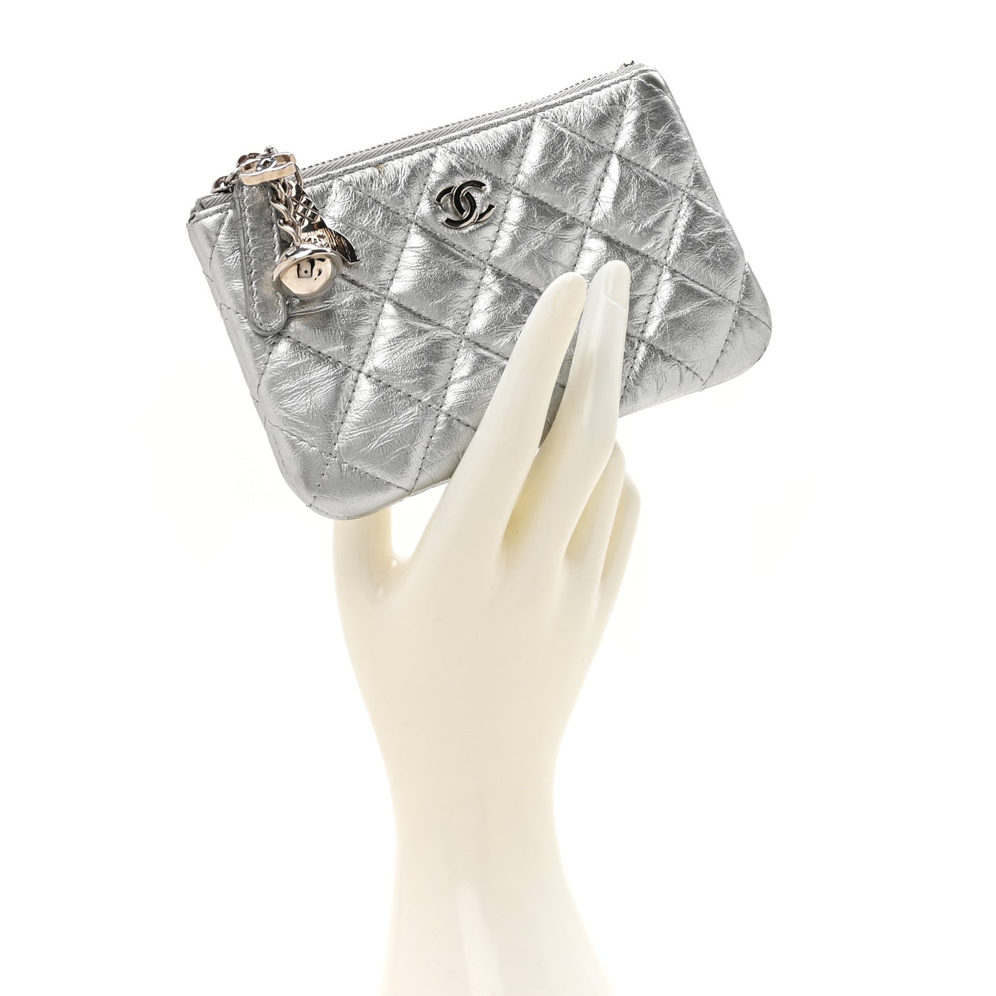 Metallic Aged Calfskin Quilted Small Cosmetic Pouch Silver