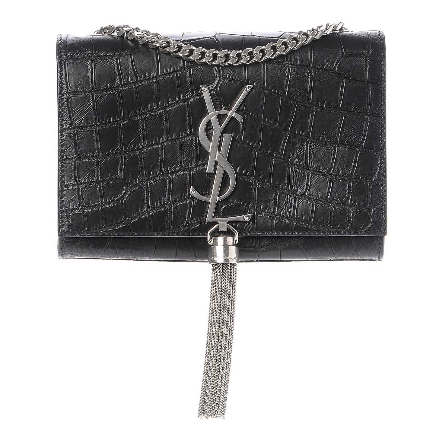 Calfskin Crocodile Embossed Monogram Small Kate Tassel Satchel Black