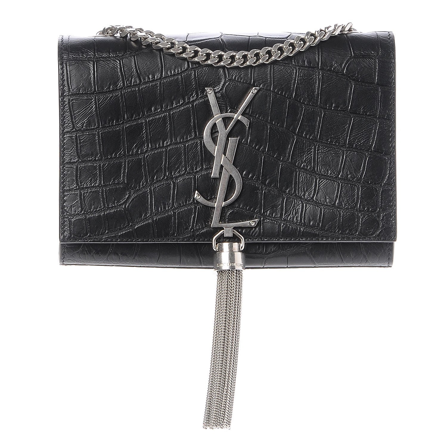 Saint Laurent Calfskin Crocodile Embossed Monogram Small Kate Tassel Satchel Black 1 of 7