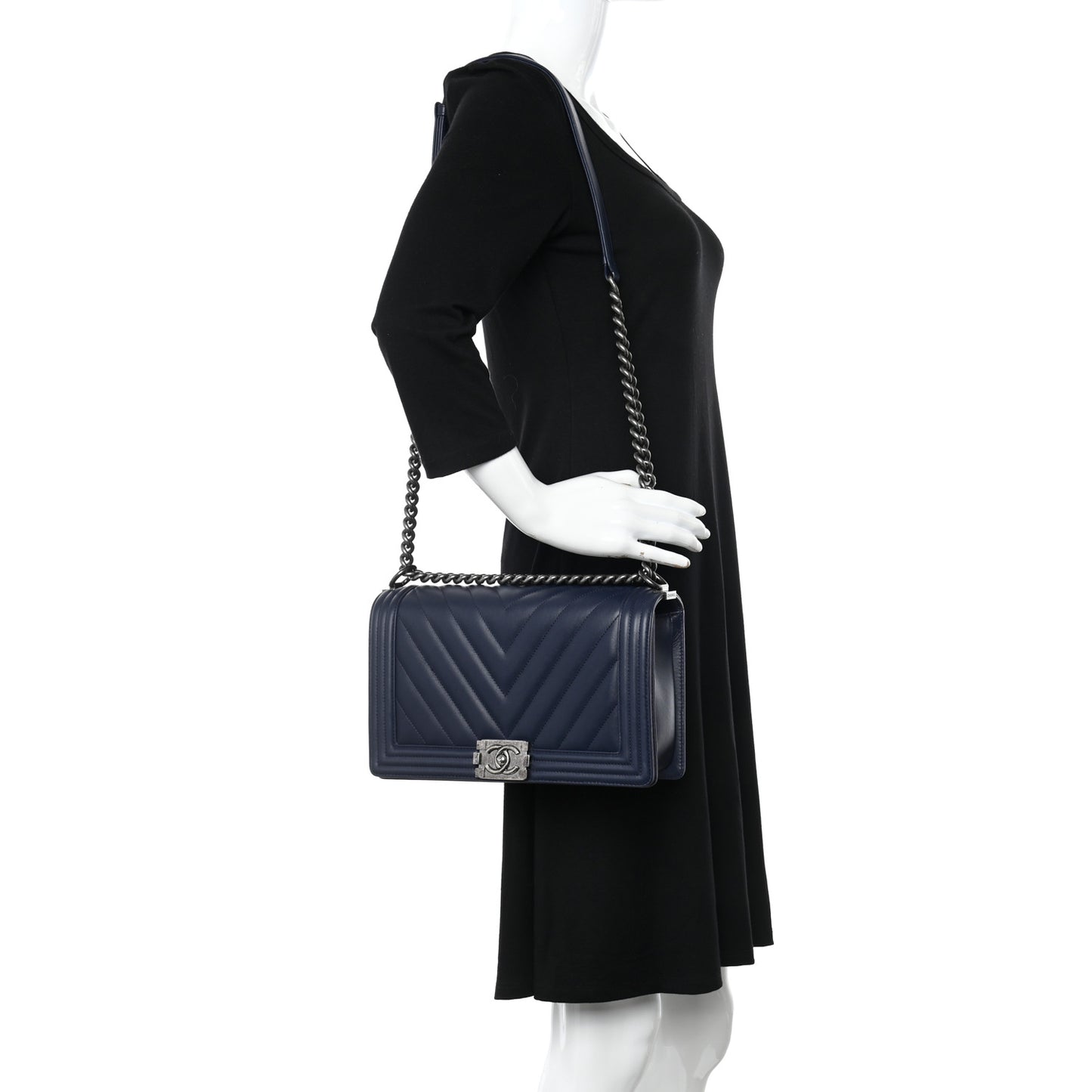 Calfskin Chevron Quilted New Medium Boy Flap Dark Navy Blue