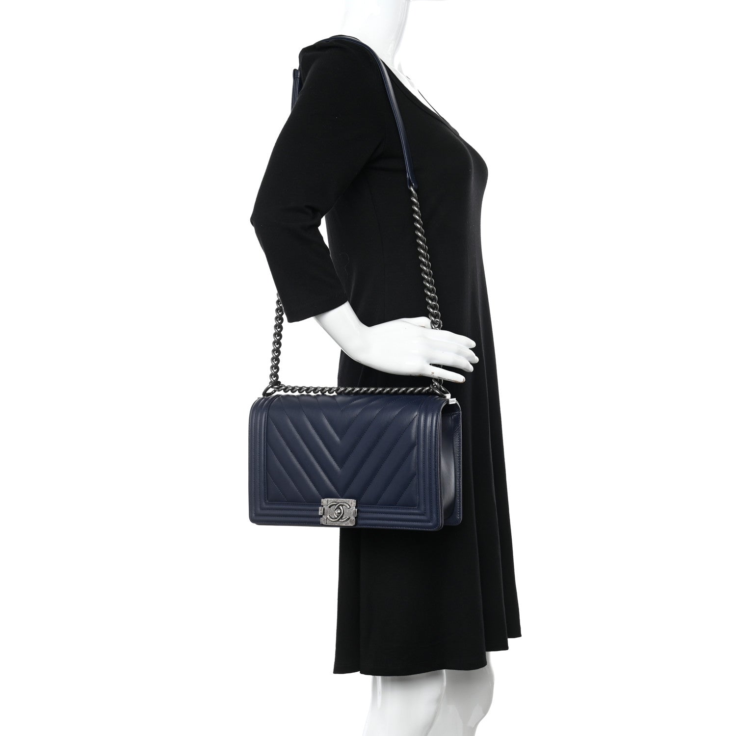 Chanel Calfskin Chevron Quilted New Medium Boy Flap Dark Navy Blue 2 of 11