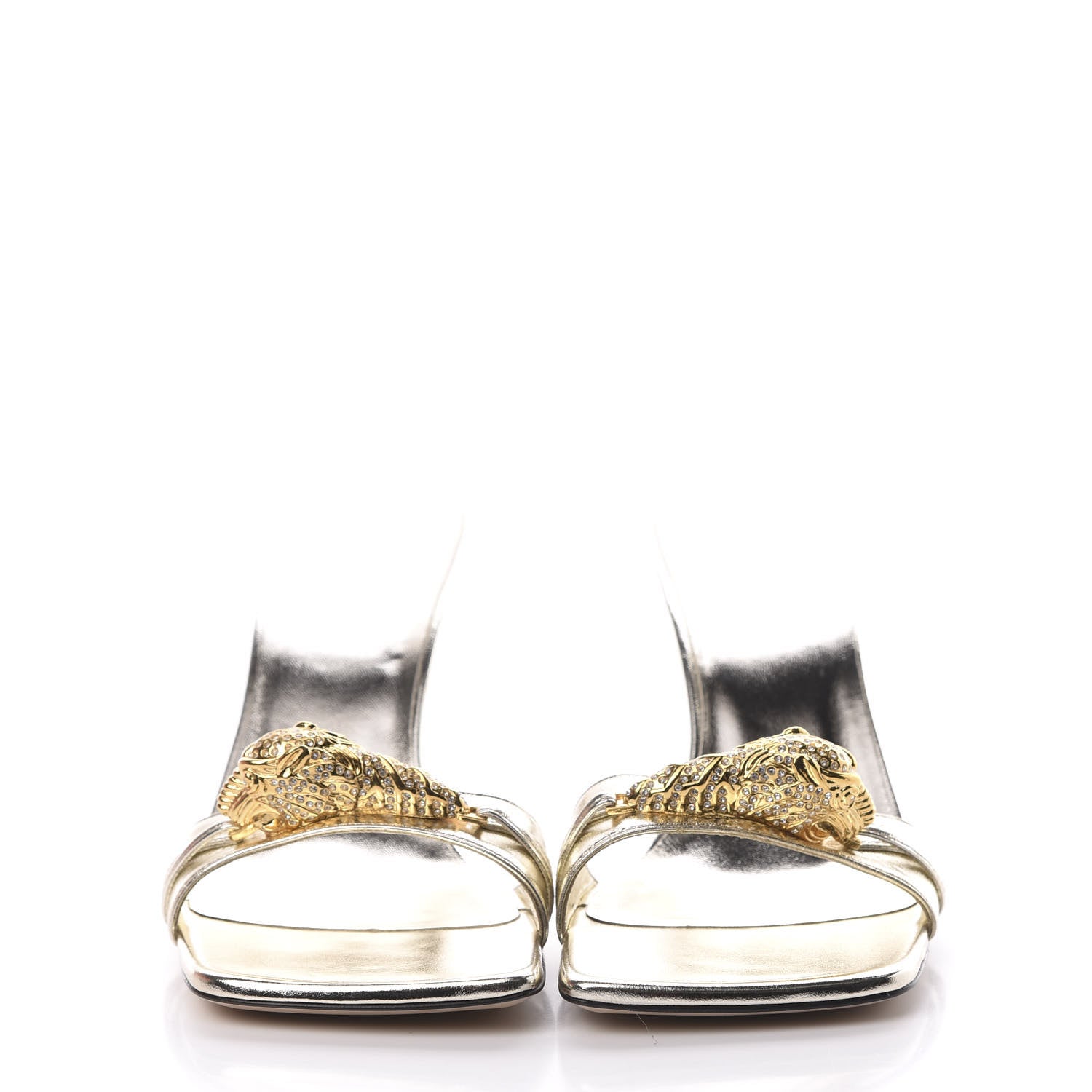 Gucci Metallic Nappa Dora Tiger Head Mid Heel Slide Sandals 38.5 Gold 2 of 9
