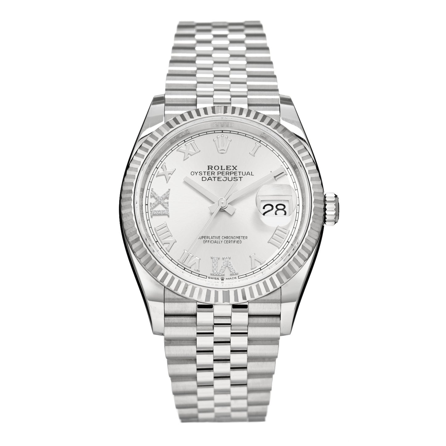 Stainless Steel 18K White Gold Diamond 36mm Oyster Perpetual Datejust Watch Silver Roman 126234