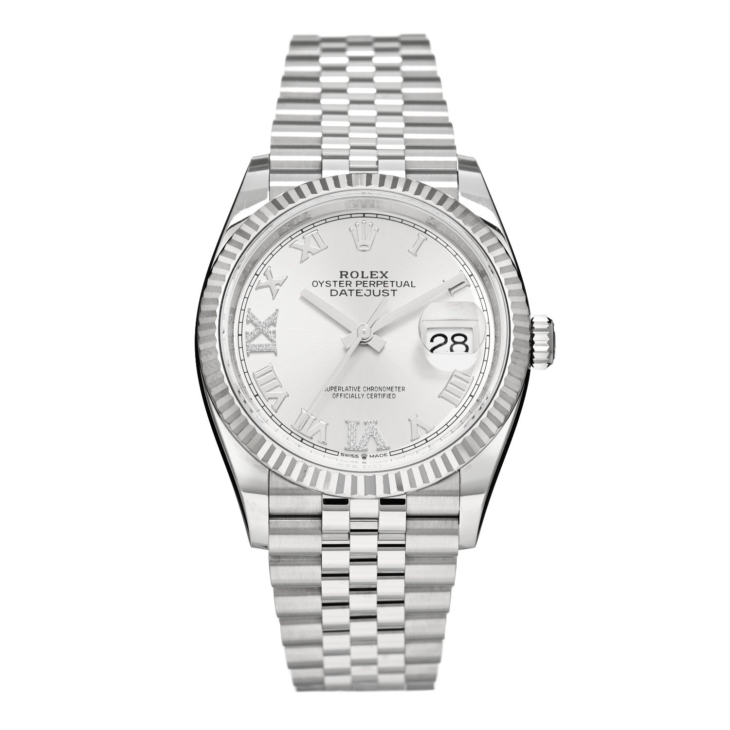 Rolex Stainless Steel 18K White Gold Diamond 36mm Oyster Perpetual Datejust Watch Silver Roman 126234 1 of 5