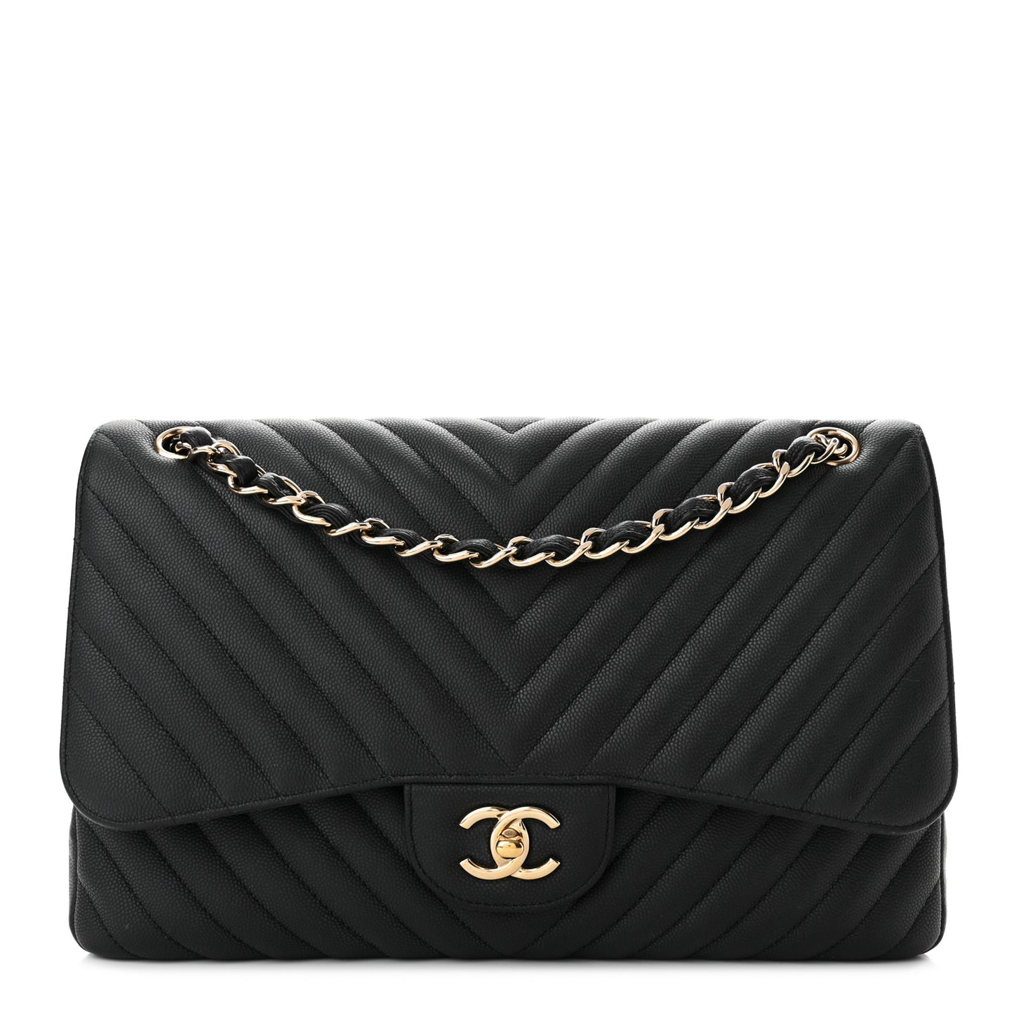 Caviar Chevron Quilted Jumbo Double Flap Black