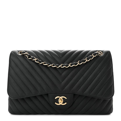 Chanel Caviar Chevron Quilted Jumbo Double Flap Black 1 of 11