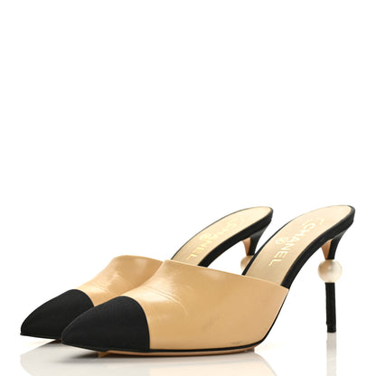 Chanel Lambskin Grosgrain Cap Toe Pearl Mule 39.5 Beige Black 3 of 12