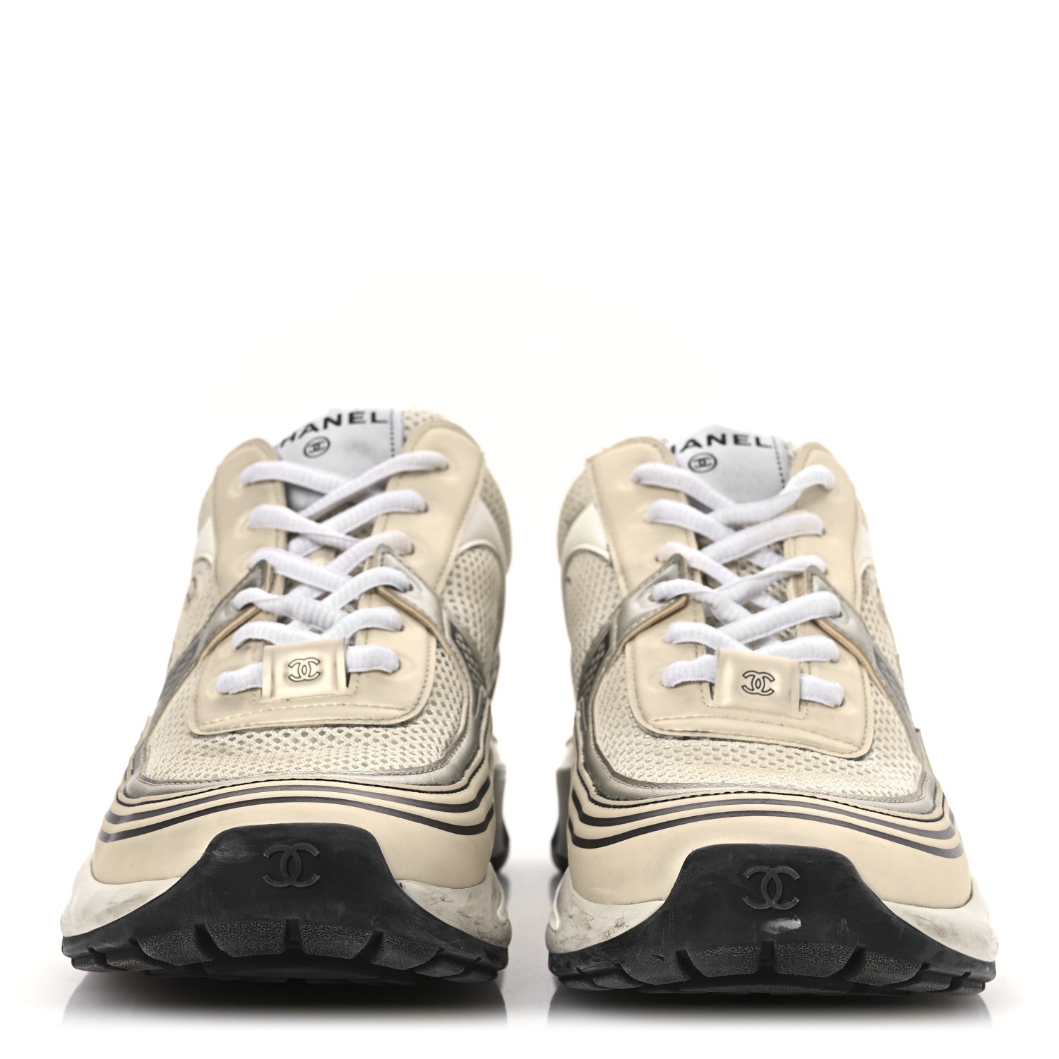 Chanel Fabric Laminated Calfskin Stretch CC Sneakers 39.5 Ivory White Silver 3 of 15