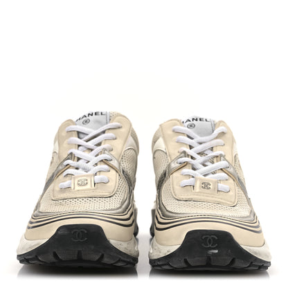 Chanel Fabric Laminated Calfskin Stretch CC Sneakers 39.5 Ivory White Silver 3 of 15