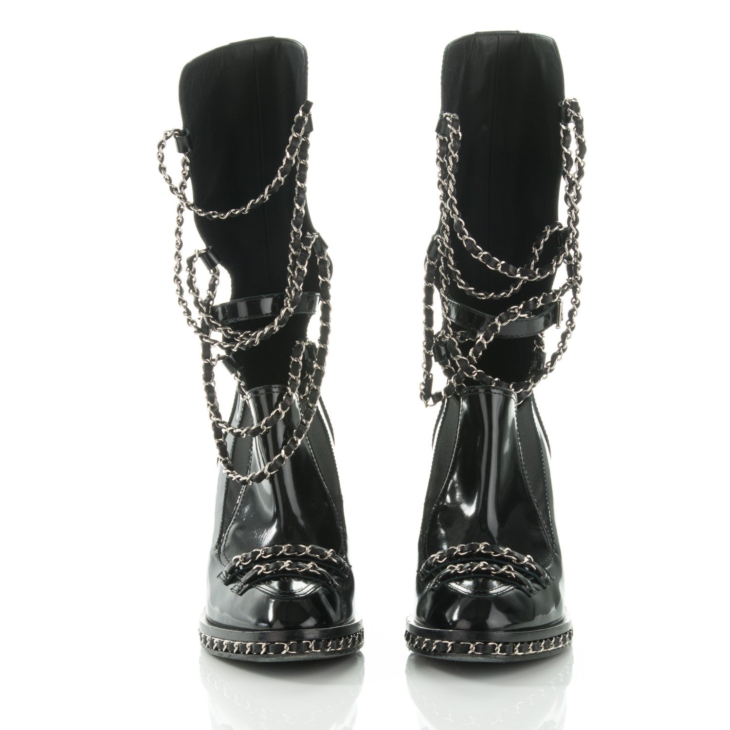 シャネル　ブーツ Chanel Patent Chained Tall Combat Boots 39.5 Black 179190