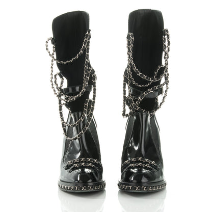 Chanel Patent Chained Tall Combat Boots 39.5 Black 2 of 7