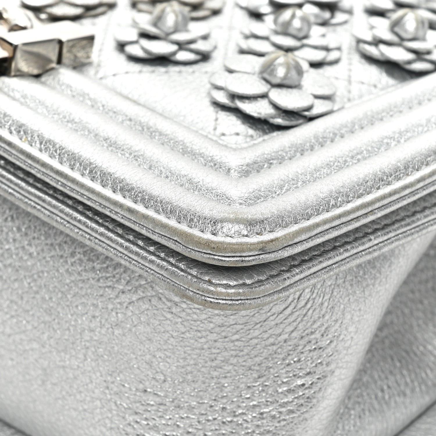Chanel Metallic Calfskin Camellia Quilted Small Boy Flap Silver 12 of 18