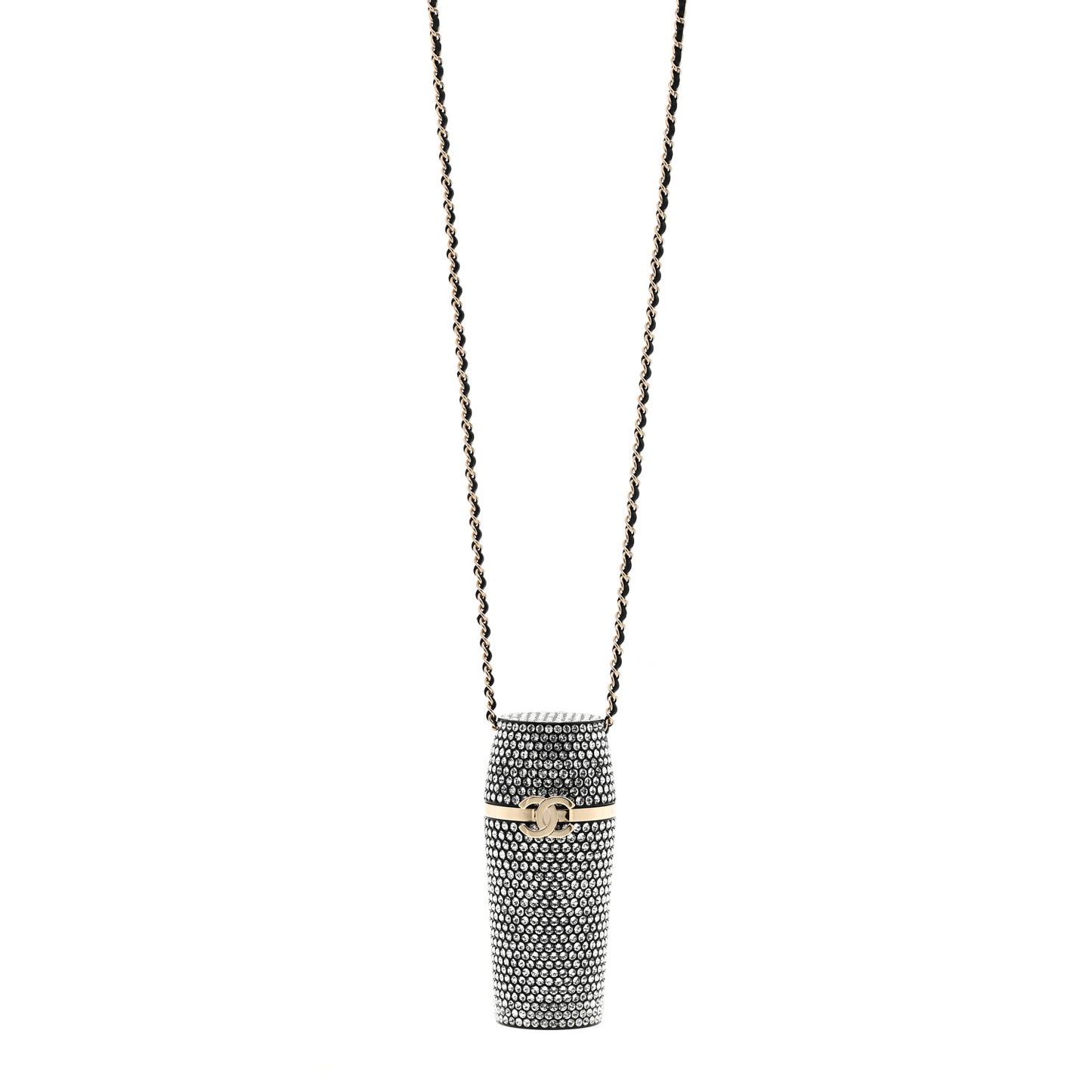 Metal Resin Lambskin Crystal Lipstick Case Long Necklace On Chain Silver Black Gold