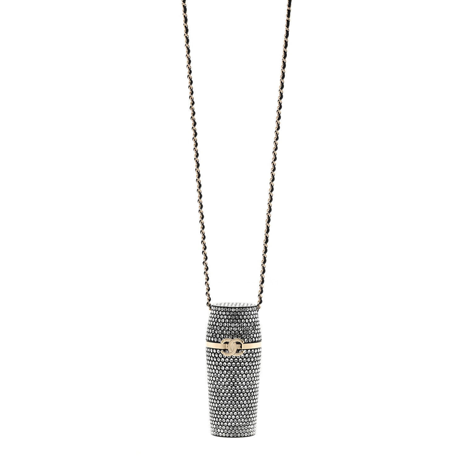 Chanel Metal Resin Lambskin Crystal Lipstick Case Long Necklace On Chain Silver Black Gold 1 of 6