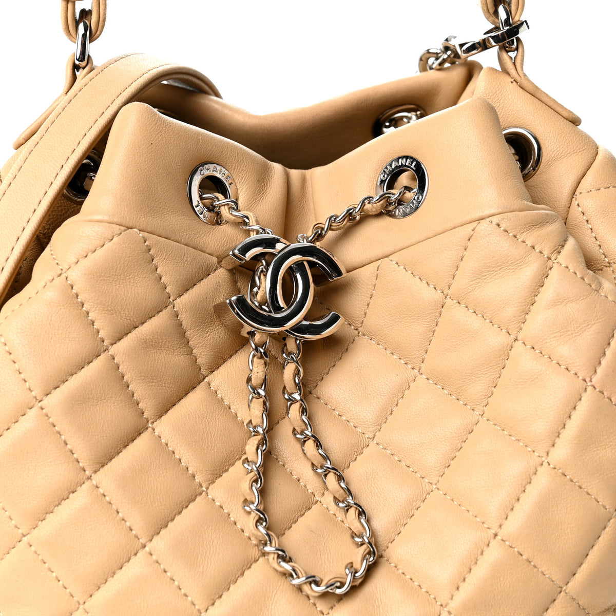 Chanel Lambskin Quilted Small CC Chain Bucket Drawstring Bag Light Beige 8 of 10
