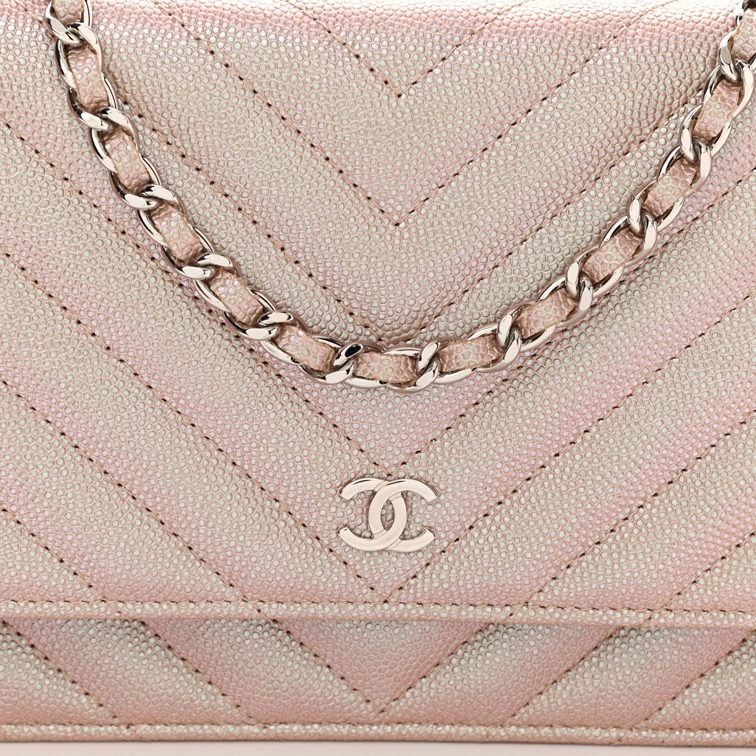 Chanel Metallic Caviar Chevron Quilted Wallet On Chain WOC Light Gold 9 of 11