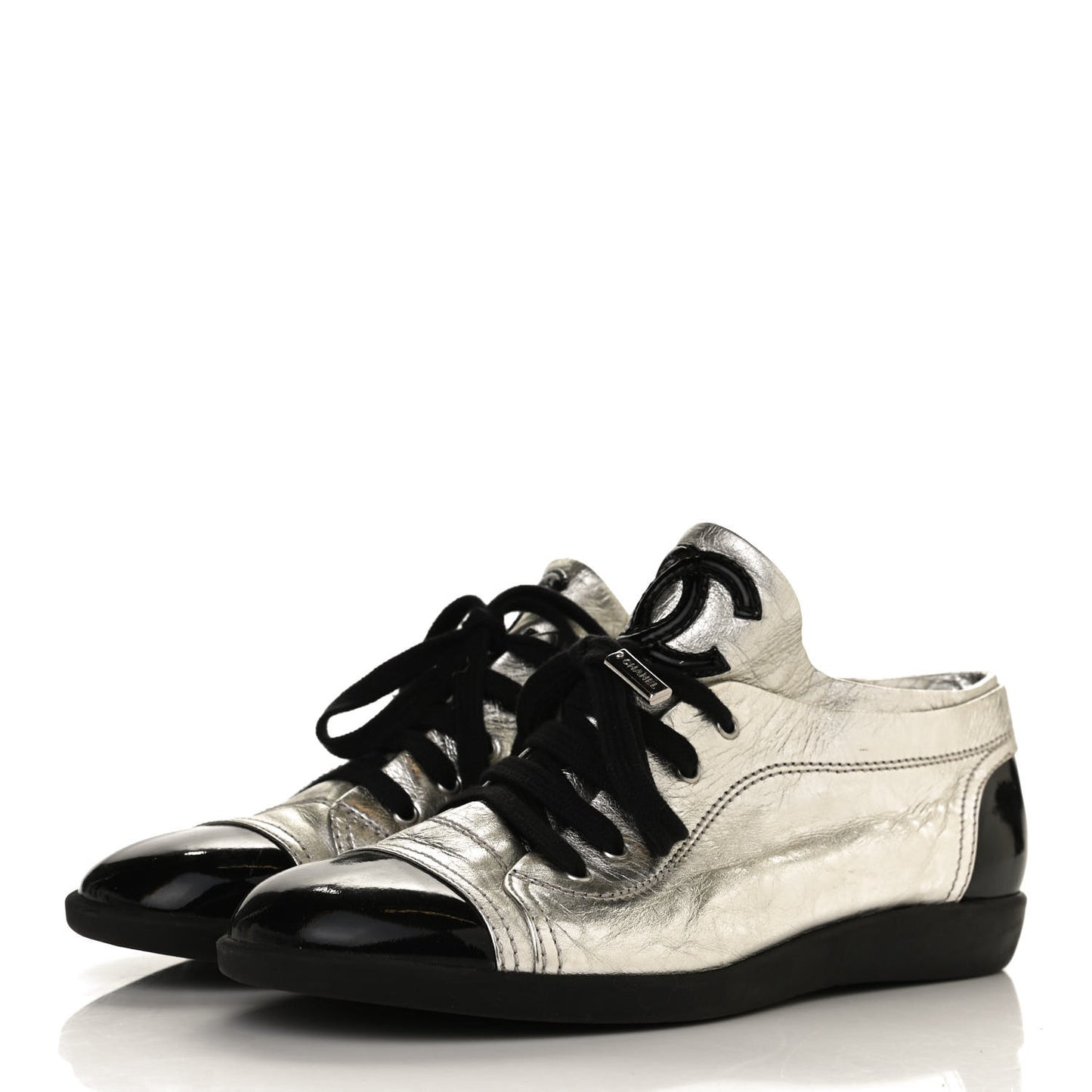Metallic Lambskin Patent Cap Toe CC Sneakers 39.5 Silver Black