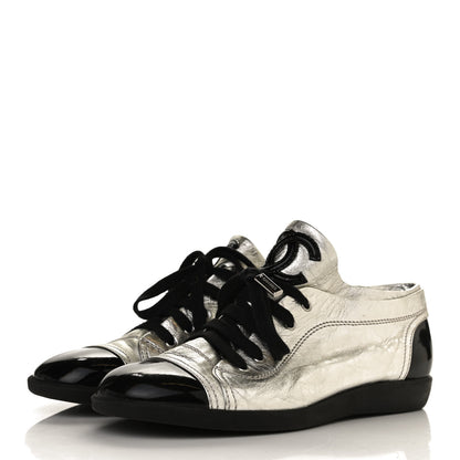 Chanel Metallic Lambskin Patent Cap Toe CC Sneakers 39.5 Silver Black 5 of 17