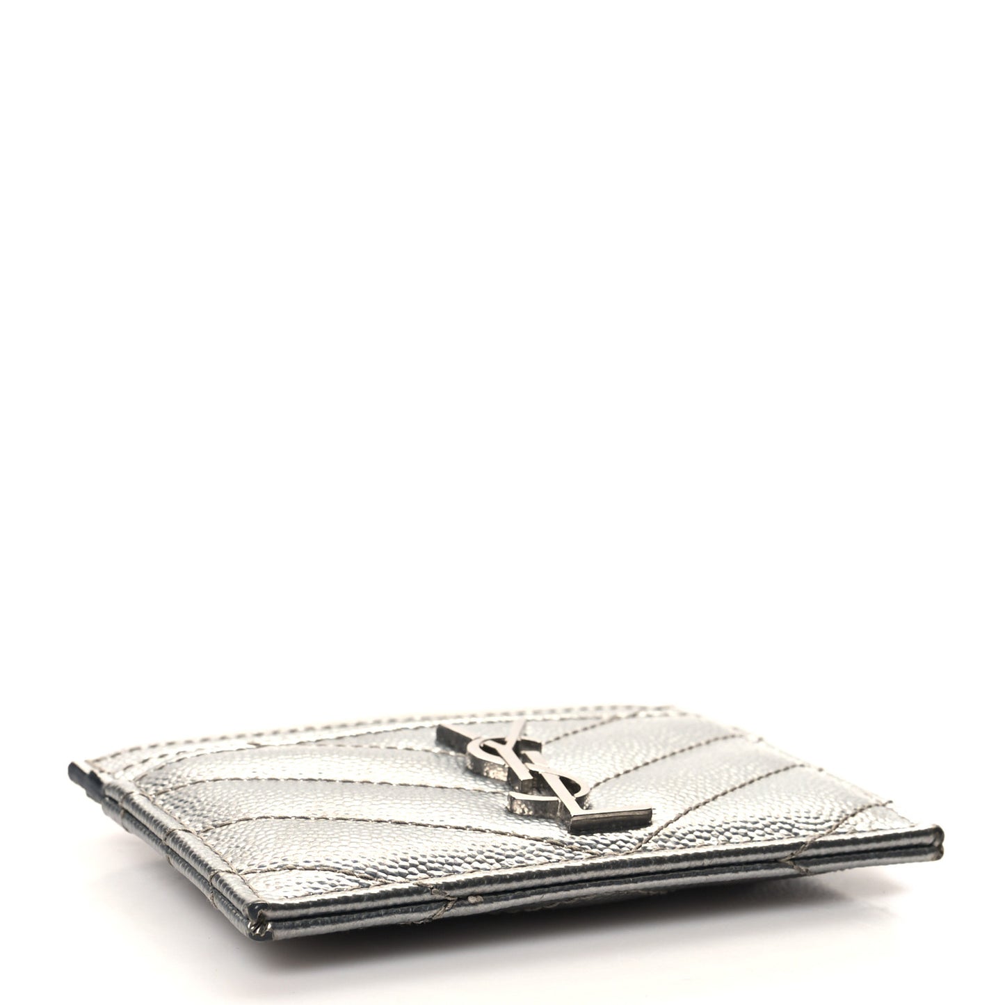 Metallic Grain De Poudre Matelasse Chevron Monogram Credit Card Case Argento