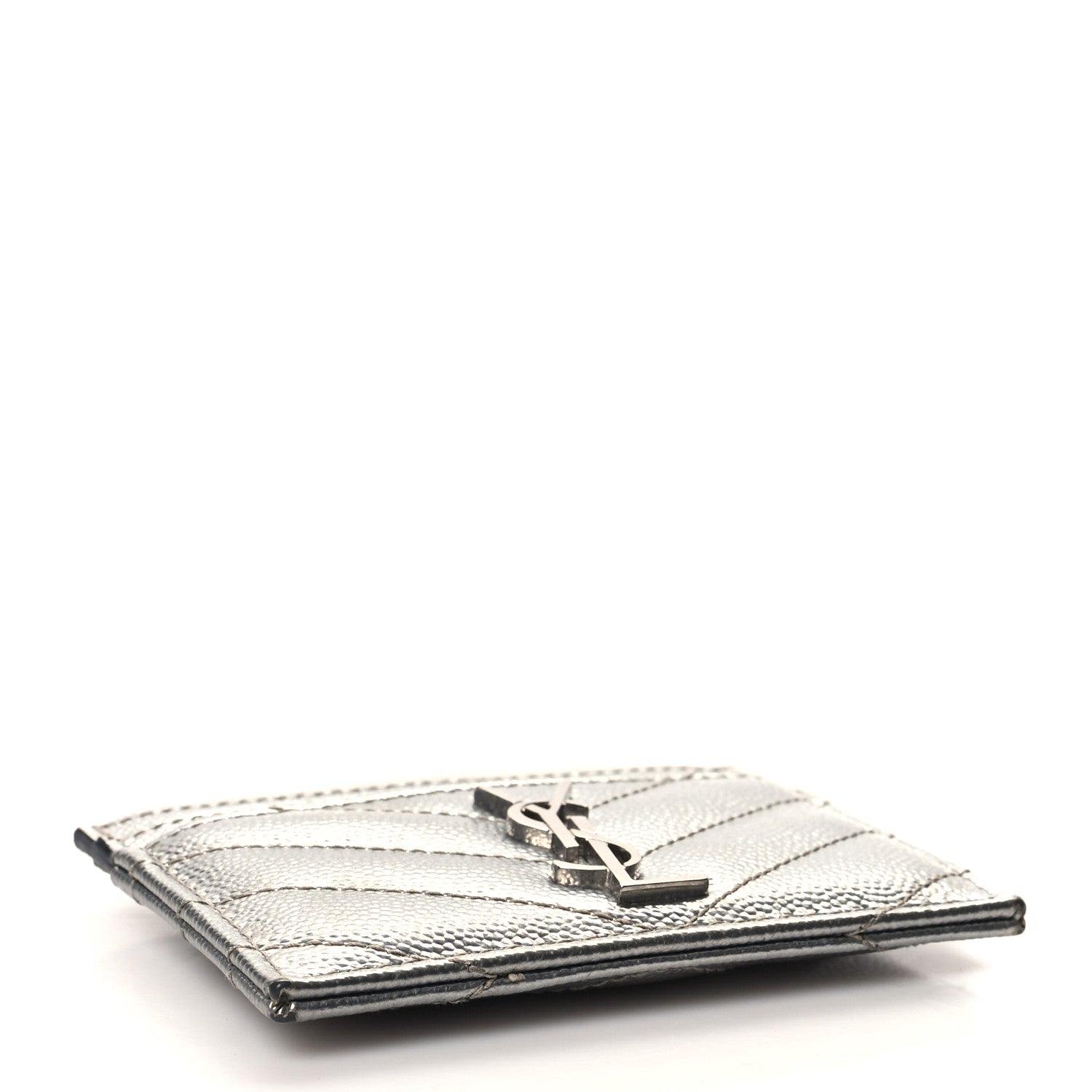 Saint Laurent Metallic Grain De Poudre Matelasse Chevron Monogram Credit Card Case Argento 4 of 10