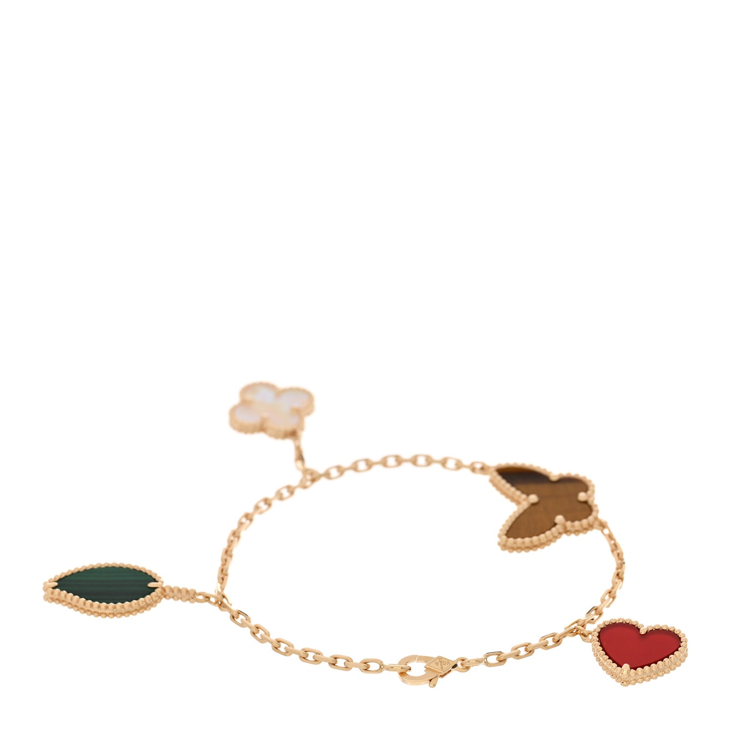 18K Yellow Gold Mother of Pearl Malachite Carnelian Tiger Eye 4 Motifs Lucky Alhambra Bracelet