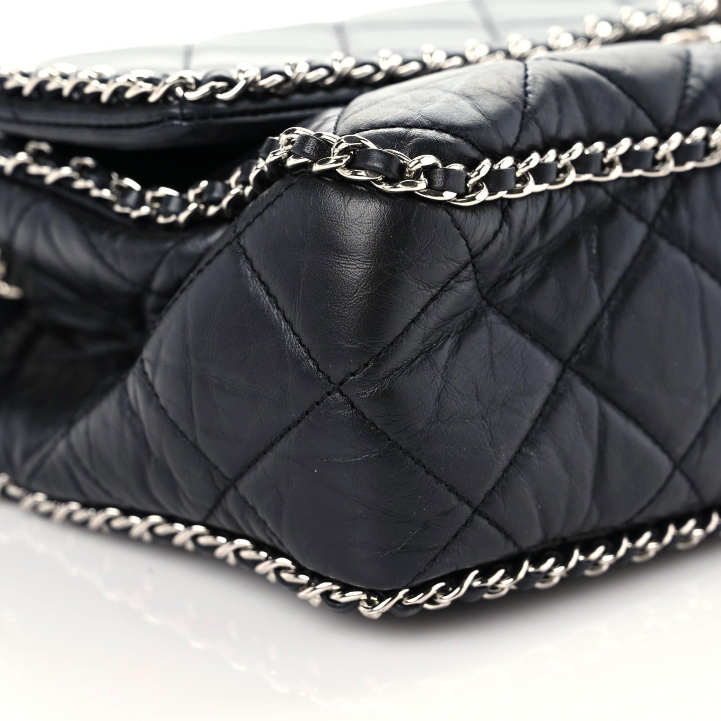 Crumpled Calfskin Quilted Large Chain All Over Flap Bag Black