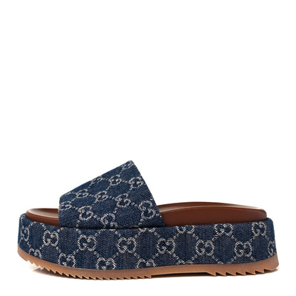 Gucci New Denim GG Monogram Angelina Platform 55mm Slide Sandals 38.5 Blue Tea 1 of 8