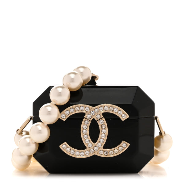 Chanel Resin Crystal Pearl Airpods Pro Holder Necklace Black