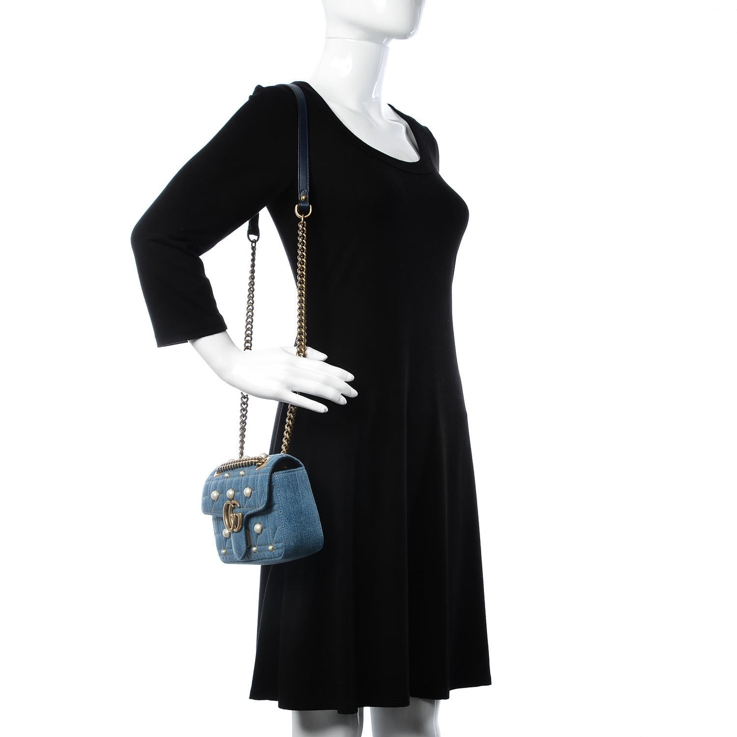 Denim Matelasse Pearl Studded Mini GG Marmont Shoulder Bag Blue