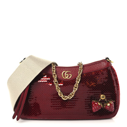 Gucci Sequin Textured Dollar Calfskin Strawberry Small Ophidia GG Handbag Red 1 of 10