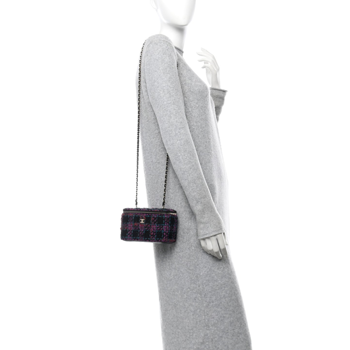 Tweed Quilted Small Vanity Case With Chain Black Purple Green Red
