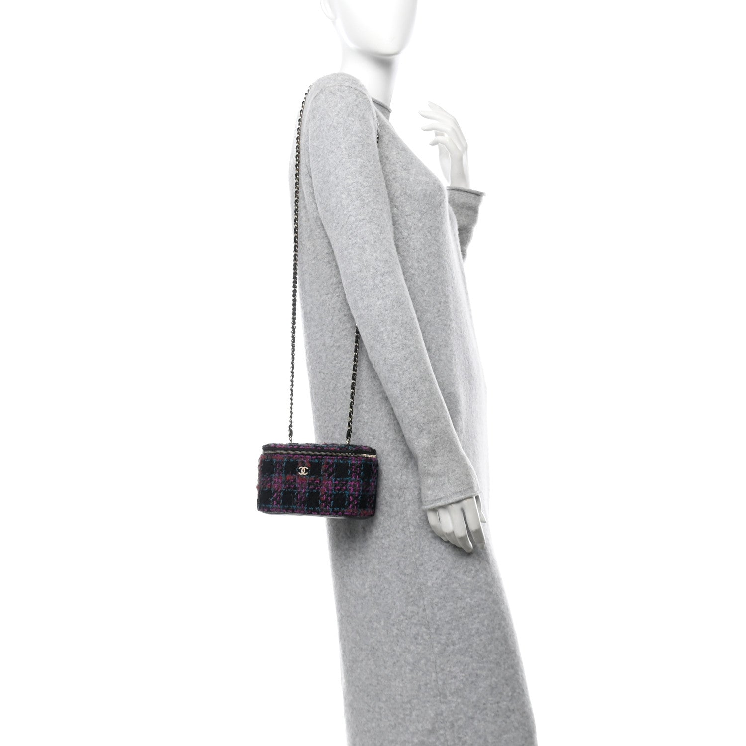 Chanel Tweed Quilted Small Vanity Case With Chain Black Purple Green Red 2 of 11