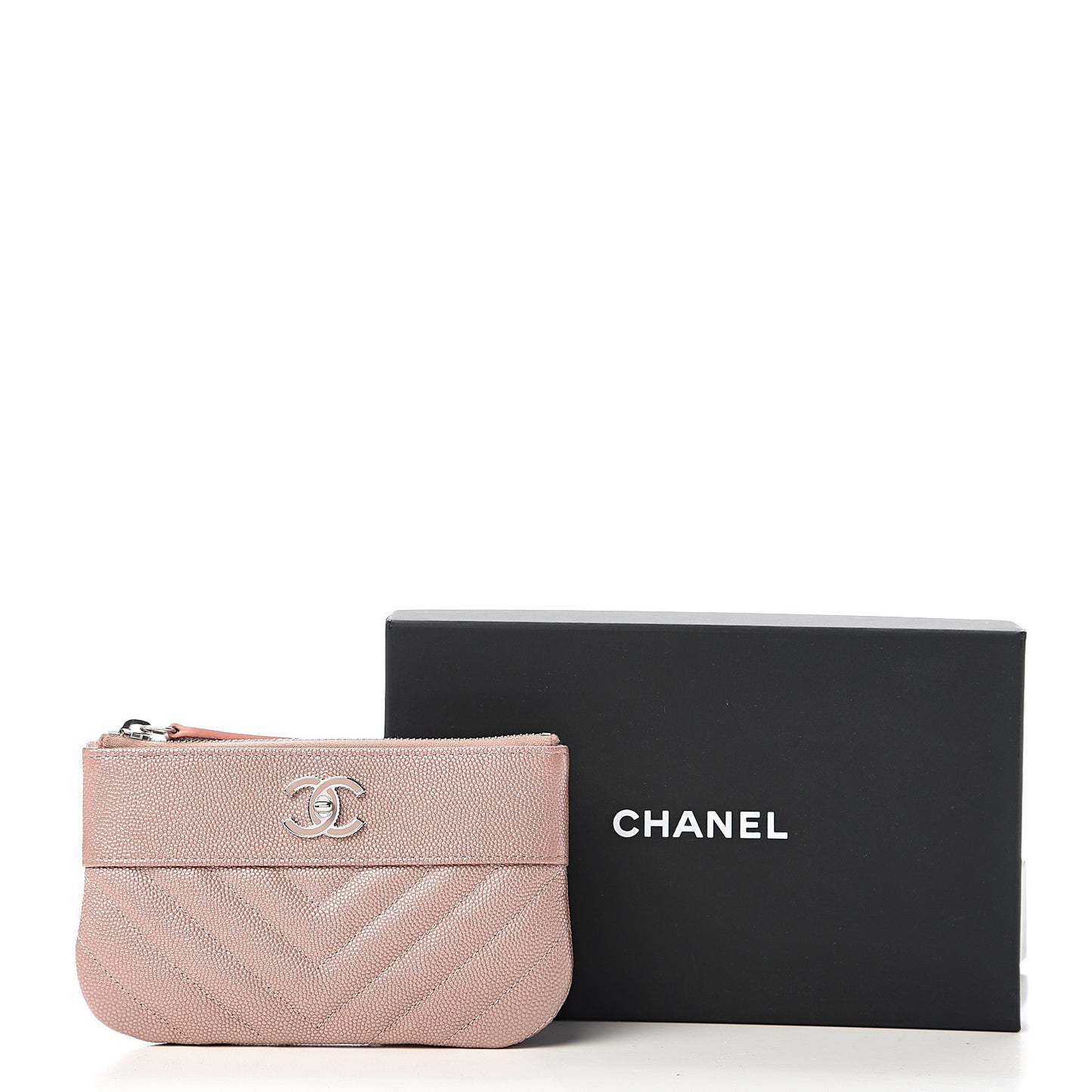 Metallic Caviar Chevron Quilted Small Vintage Mademoiselle Cosmetic Case Pink