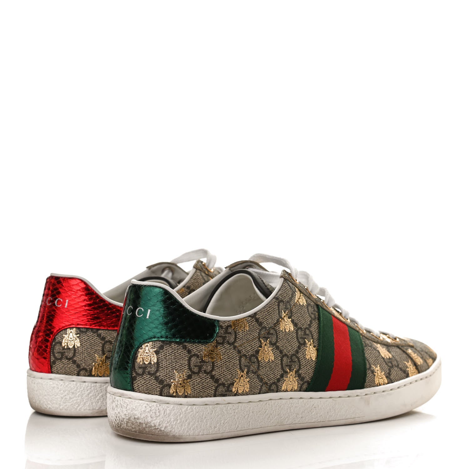 Gucci GG Supreme Monogram Bees Ayers Web Womens Ace Sneakers 37.5 Beige Oro Green Red 4 of 11