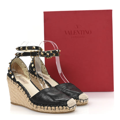 Valentino Garavani Grained Calfskin Rockstud Ankle Wrap Espadrille 15/85mm Wedges 38 Black Light Cuir 9 of 9