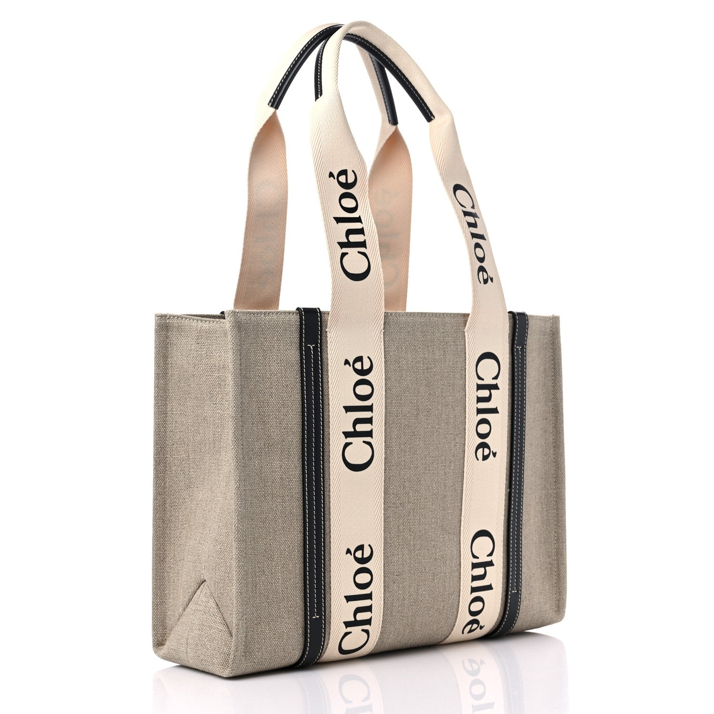 Linen Calfskin Medium Woody Ribbon Tote White Blue