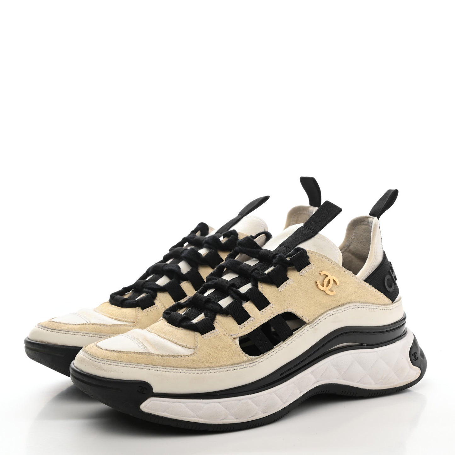 Fabric Calfskin Suede CC Sneakers 38 Ivory Black
