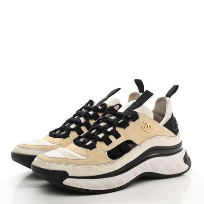 Chanel Fabric Calfskin Suede CC Sneakers 38 Ivory Black 3 of 9