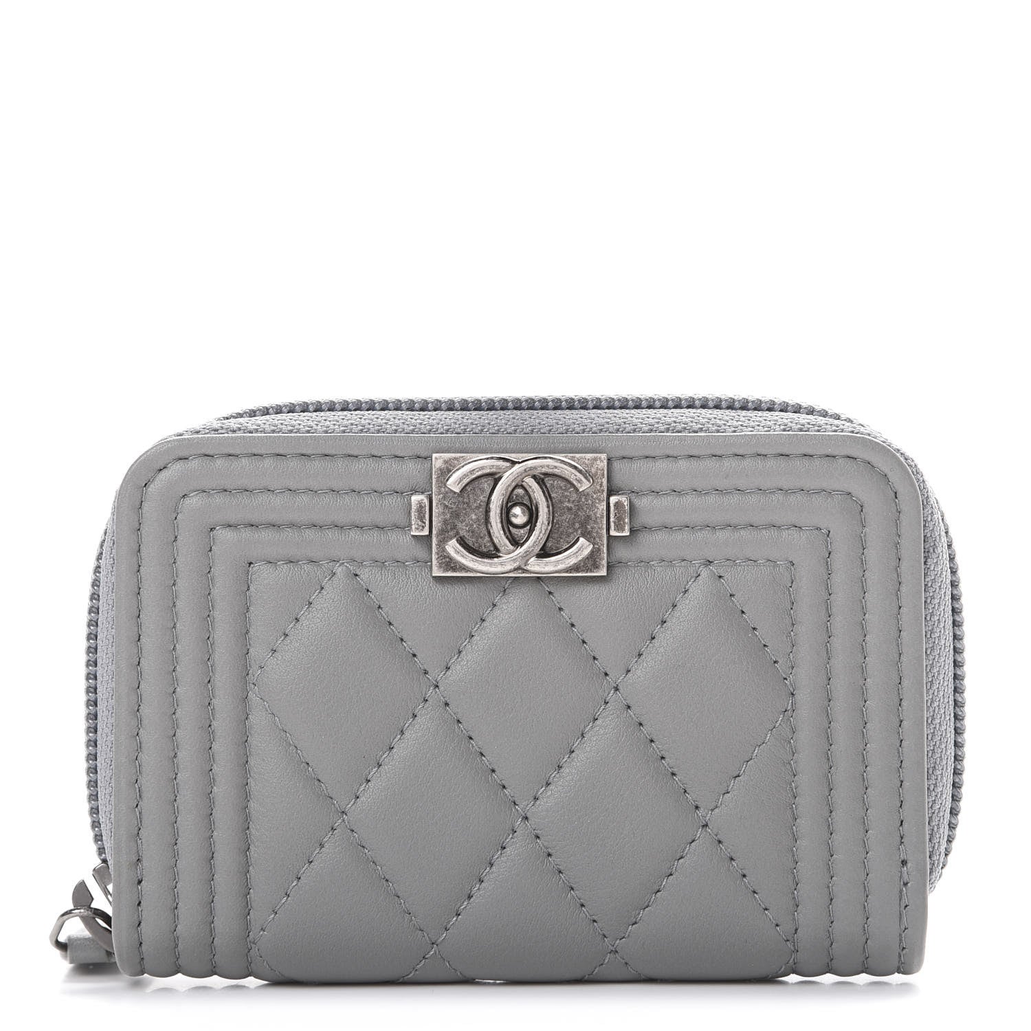 Chanel Lambskin Quilted Boy Zip Around Coin Purse Wallet Grey 1 of 7