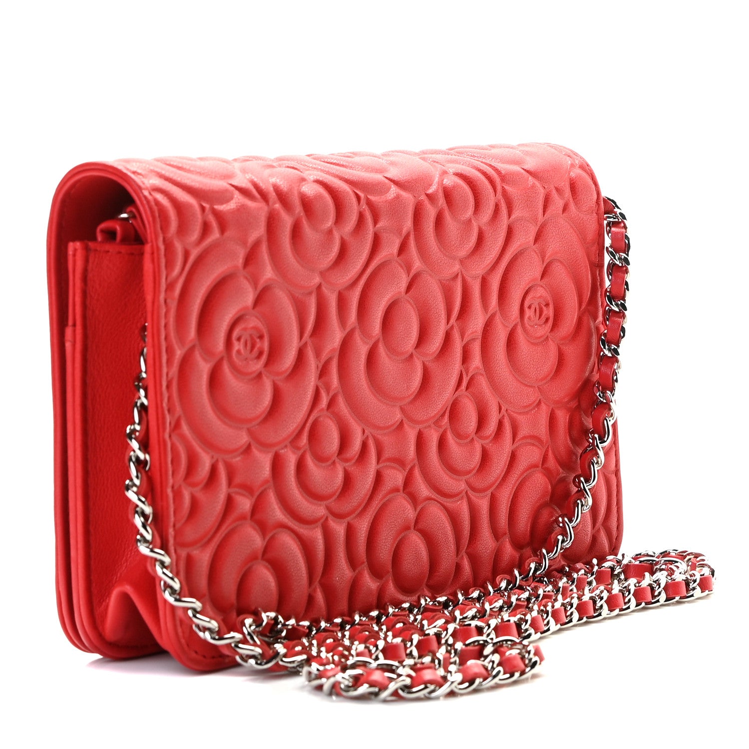 Chanel Caviar Camellia Embossed Wallet On Chain WOC Red 3 of 8