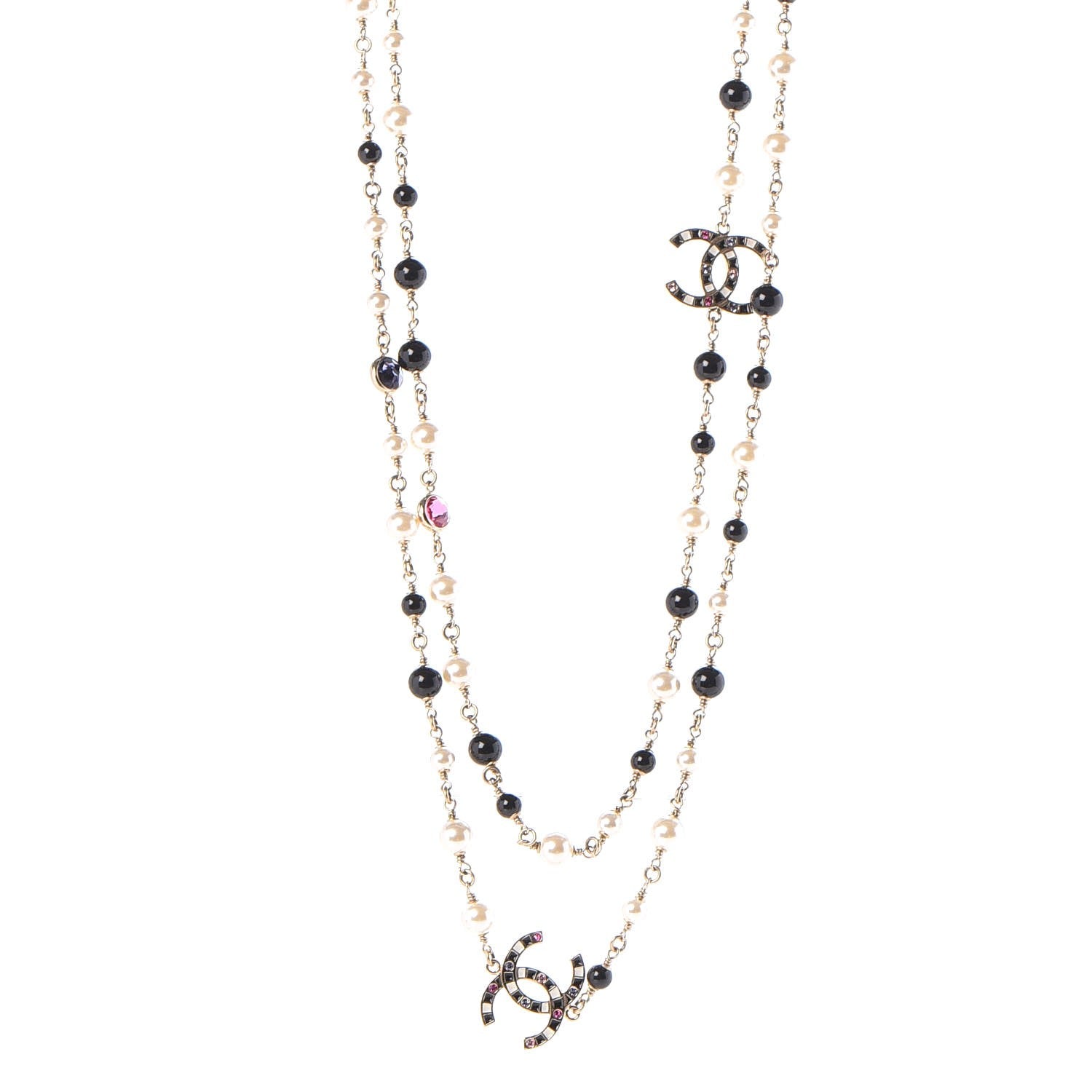 Chanel Pearl Bead Enamel CC Long Necklace Black Gold 3 of 5